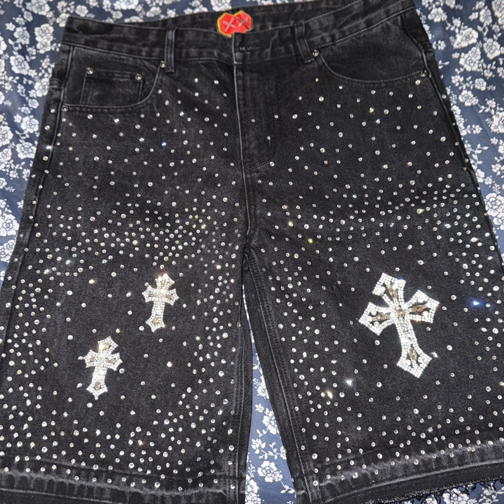 Stylish Black Jean Shorts with Cross Design